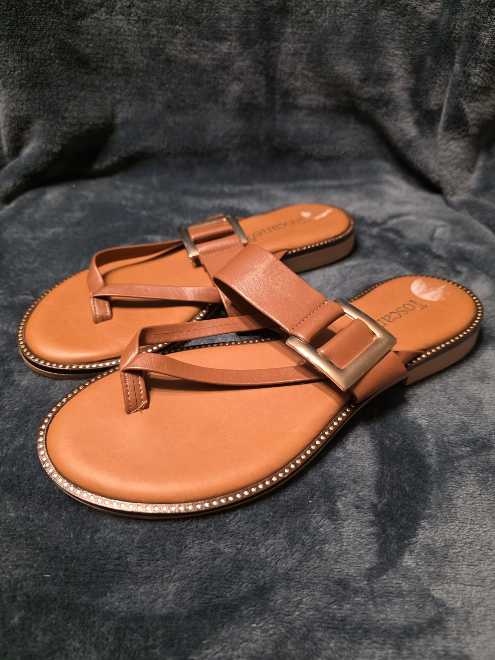 Women’s Cognac Buckle Toe-Post Sandals with Studded Trim